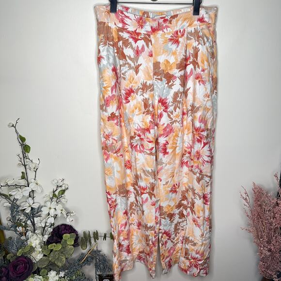 ABERCROMBIE & FITCH Linen Blend Wide Leg Pull On Pant Orange Red Floral {U46} - Picture 2 of 5